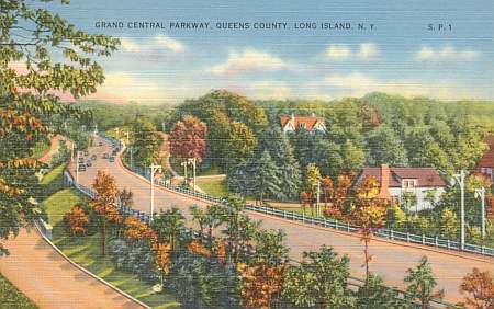 An undated vintage picture postcard showing the Grand Central Parkway looking west to the Queens Boulevard exit and Kew Gardens, NY.