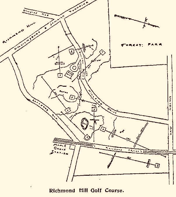 This illustration of the Richmond Hill Golf Course appeared in the original Brooklyn Eagle article. The perspective is unusual in that north to south runs, roughly, from right to left. Metropolitan Avenue (then called the Williamsburgh and Jamaica Turnpike) runs across the upper left corner while Lefferts Boulevard (then called Lefferts Avenue) runs down the left side. Kew Gardens Road would be off frame to the bottom.