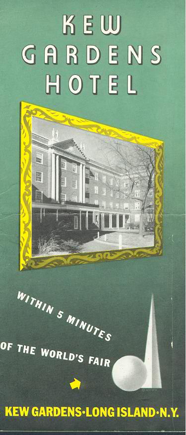 Page 1 of a brochure for the Kew Gardens Hotel, also known as the Kew Gardens Inn, in Kew Gardens, NY.