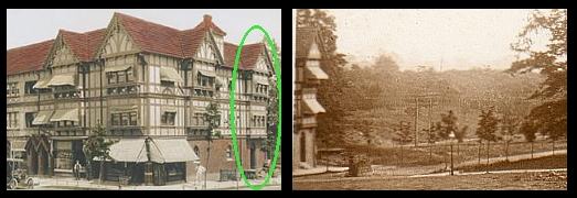 As these side by side pictures clearly show, we are looking at the Cuthbert Road entrance to the Homestead Building at the corner of Lefferts Avenue (Boulevard).  The sepia picture shows an empty Cuthbert Road and the Long Island Railroad tracks running off into the distance. The Kew Gardens of this time was mostly open fields and patches of woodland.